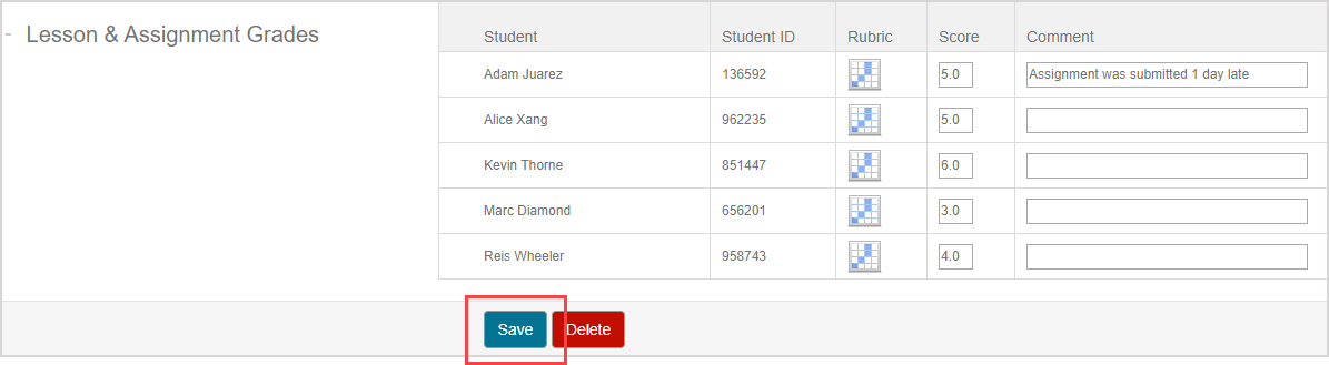 The save button is located below the student grades table.